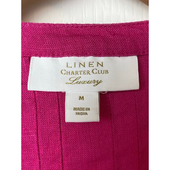 Charter Club Luxury Magenta Linen Beaded Neckline Pintuck Blouse Size Medium - Picture 3 of 10